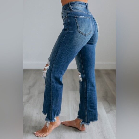 New Risen High Rise Straight Leg Jeans Ripped Knee Distressed Dark Wash - Picture 3 of 4